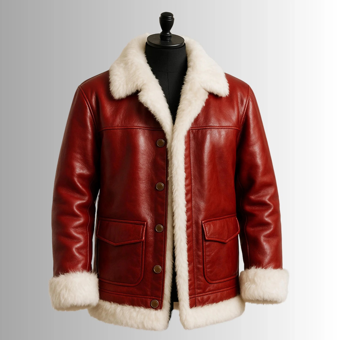 Red Leather Santa Jacket | Faux Fur Trim Christmas Coat