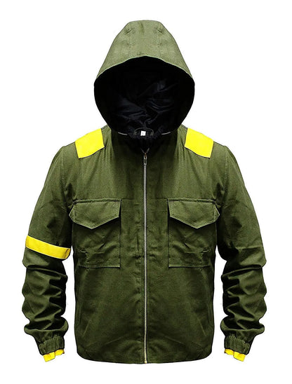 Green jacket with yellow accents on a white background