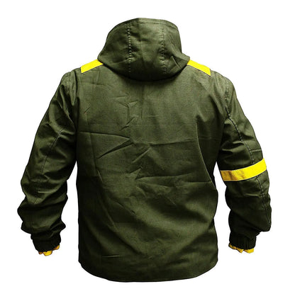Green jacket with yellow accents on a white background