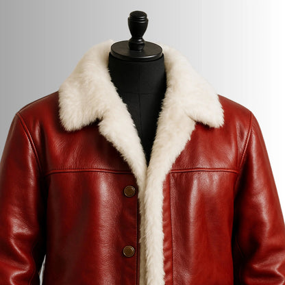 Red Leather Santa Jacket | Faux Fur Trim Christmas Coat
