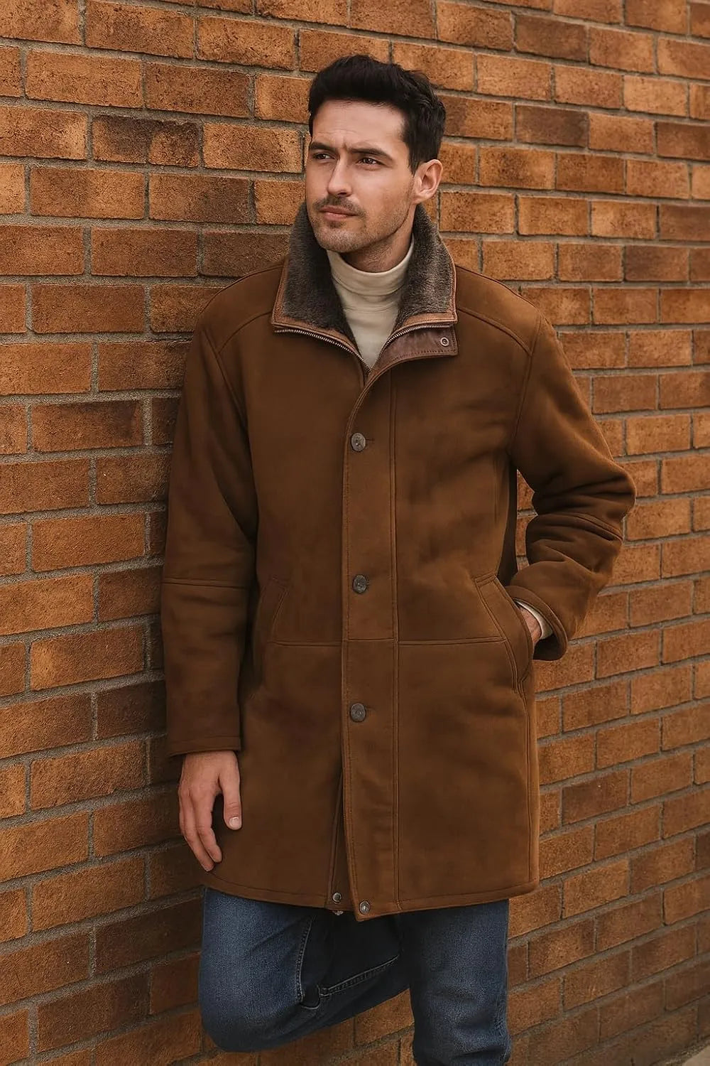Man wearing a brown coat leaning against a brick wall