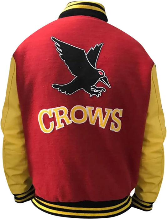 Red and yellow varsity jacket with a bird logo and 'CROWS' text on the back.