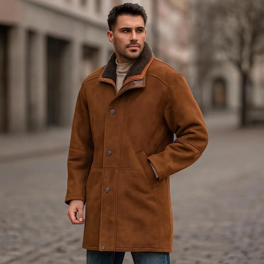 Man wearing a brown coat with a blurred street background