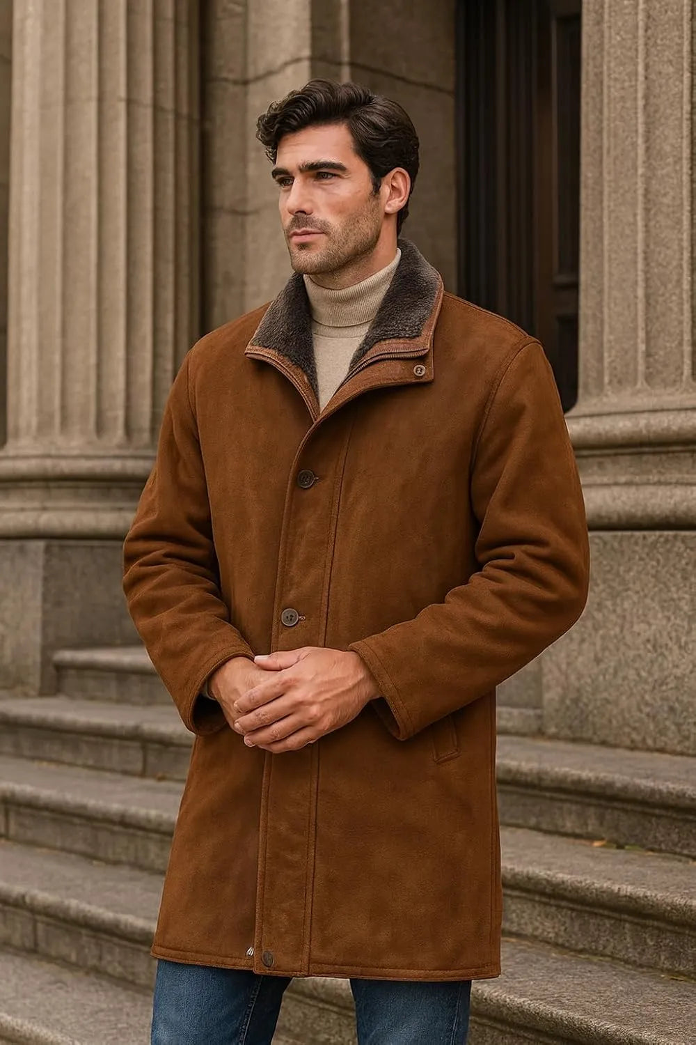 Man wearing a brown coat standing on steps in front of a stone building