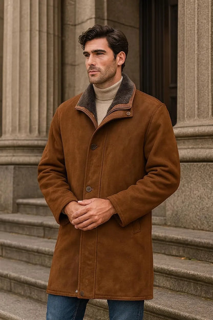Man wearing a brown coat standing on steps in front of a stone building