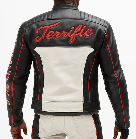 Black and white leather jacket with red text on a white background