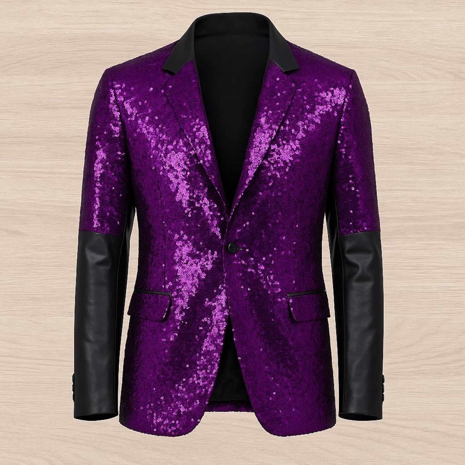 Purple sequin blazer with black leather sleeves on a beige background