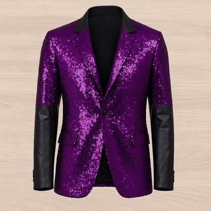 Purple sequin blazer with black leather sleeves on a beige background