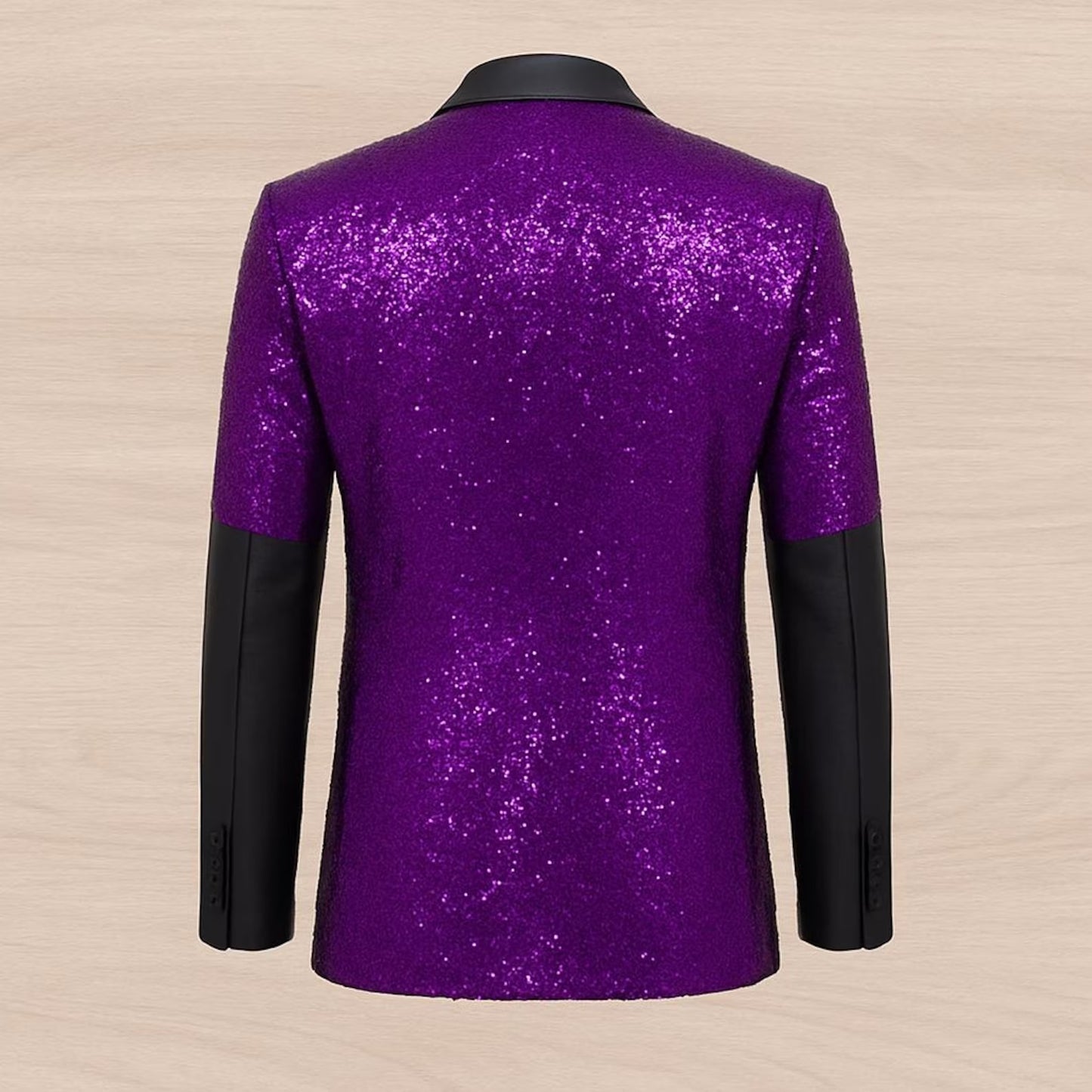 Purple sequin jacket with black sleeves on a beige background