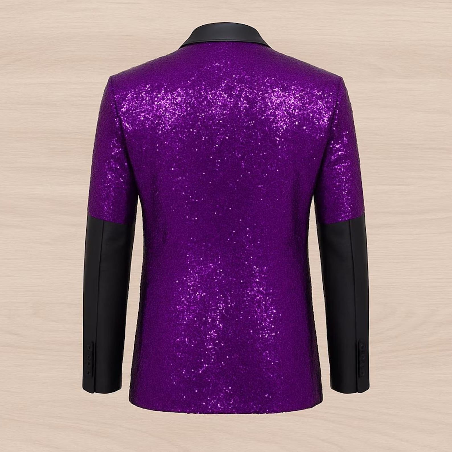 Purple sequin jacket with black sleeves on a beige background