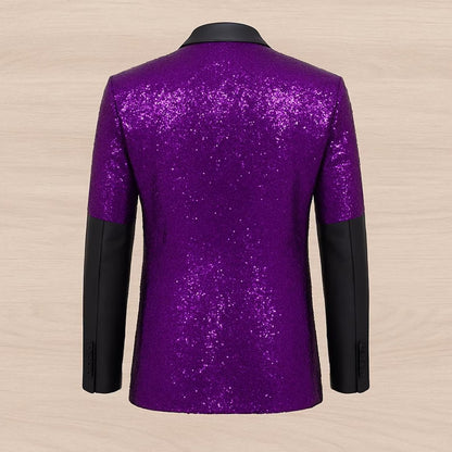 Purple sequin jacket with black sleeves on a beige background