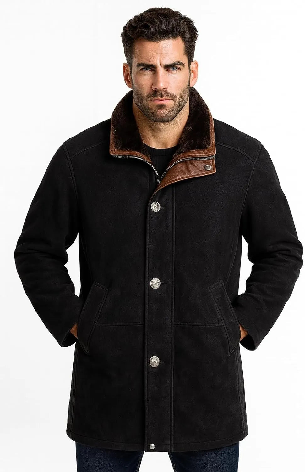 Longmire Sheriff Black Long Suede Trench Coat Men's