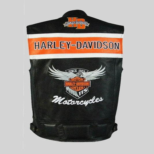 Harley-Davidson leather vest with branding on a gray background