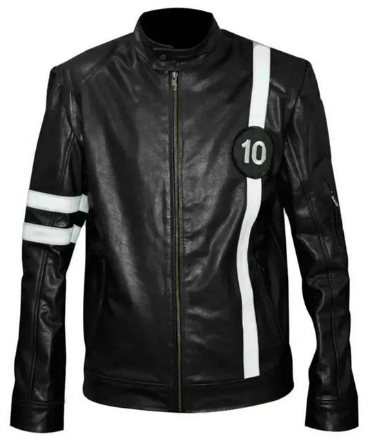 Black leather jacket with white stripes and a number 10 patch on a white background