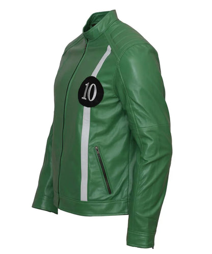Green leather jacket with a number 10 design on a white background
