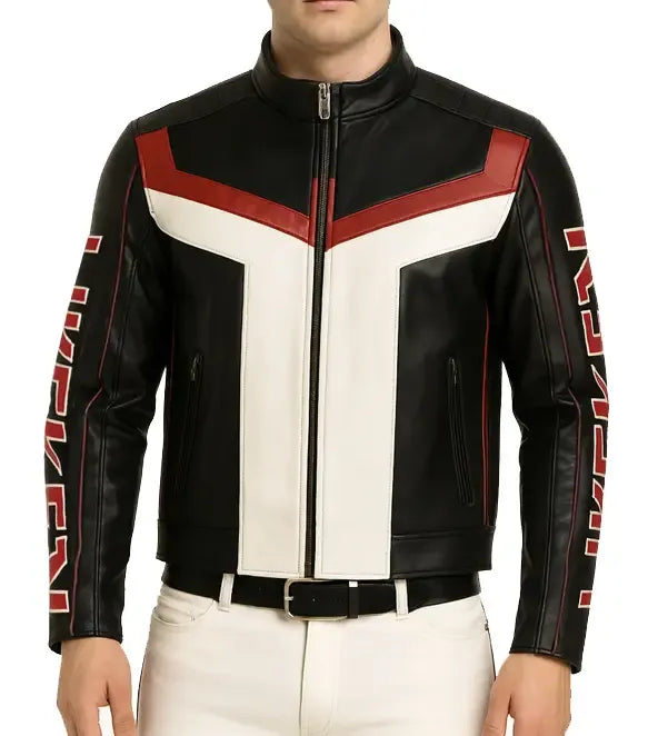 Black, white, and red leather jacket with a person wearing it on a white background
