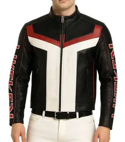 Black, white, and red leather jacket with a person wearing it on a white background