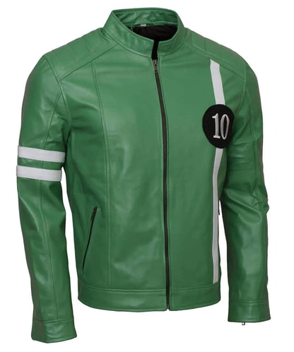 Green leather jacket with white stripes and a black patch on a white background