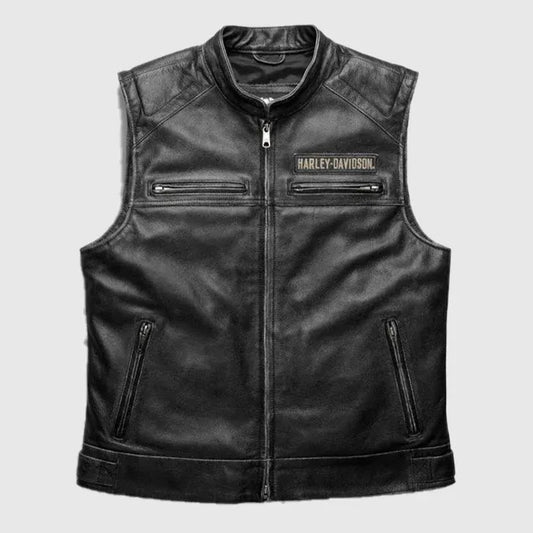 Black leather vest with Harley-Davidson logo on a light gray background