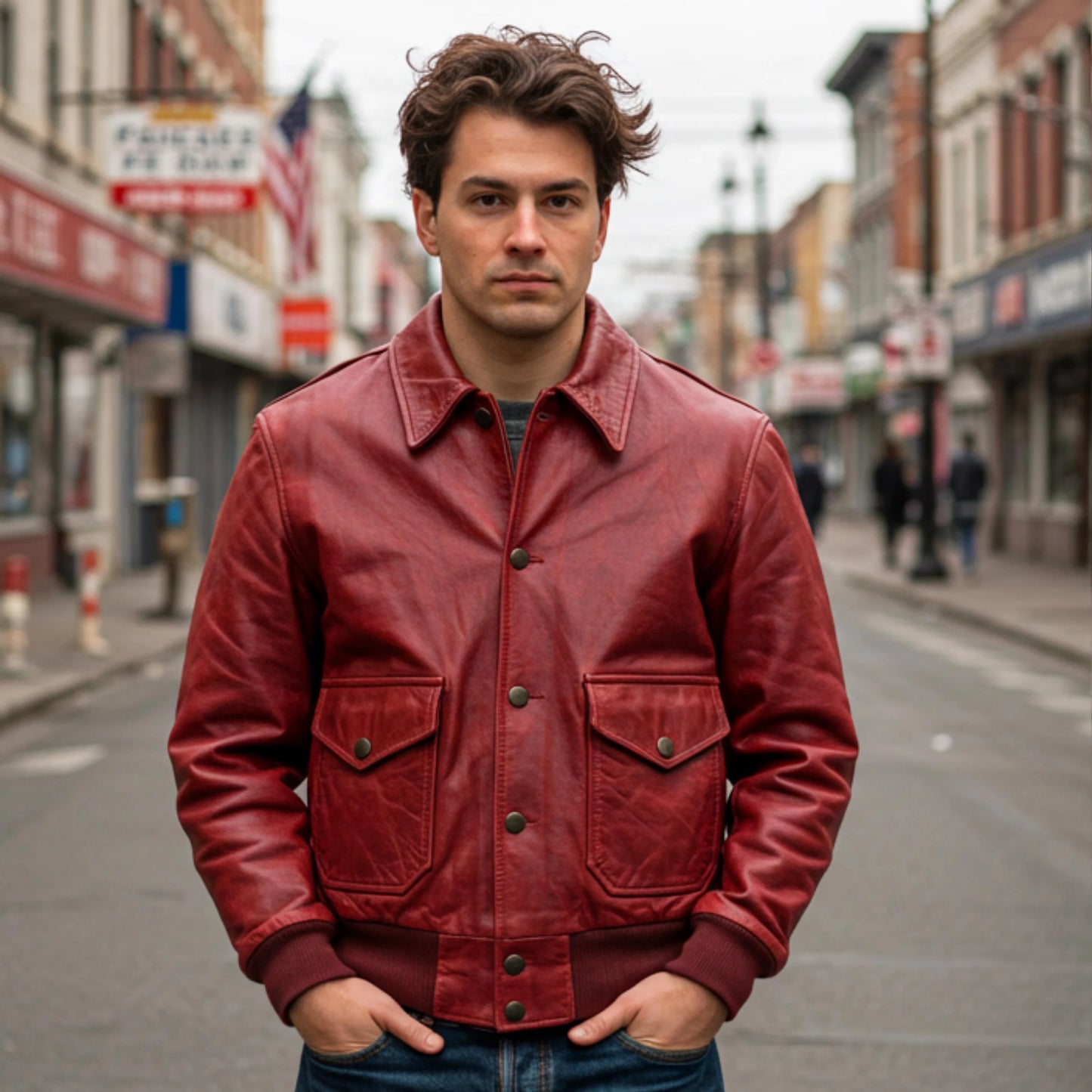 Man wearing a red leather jacket on a city street