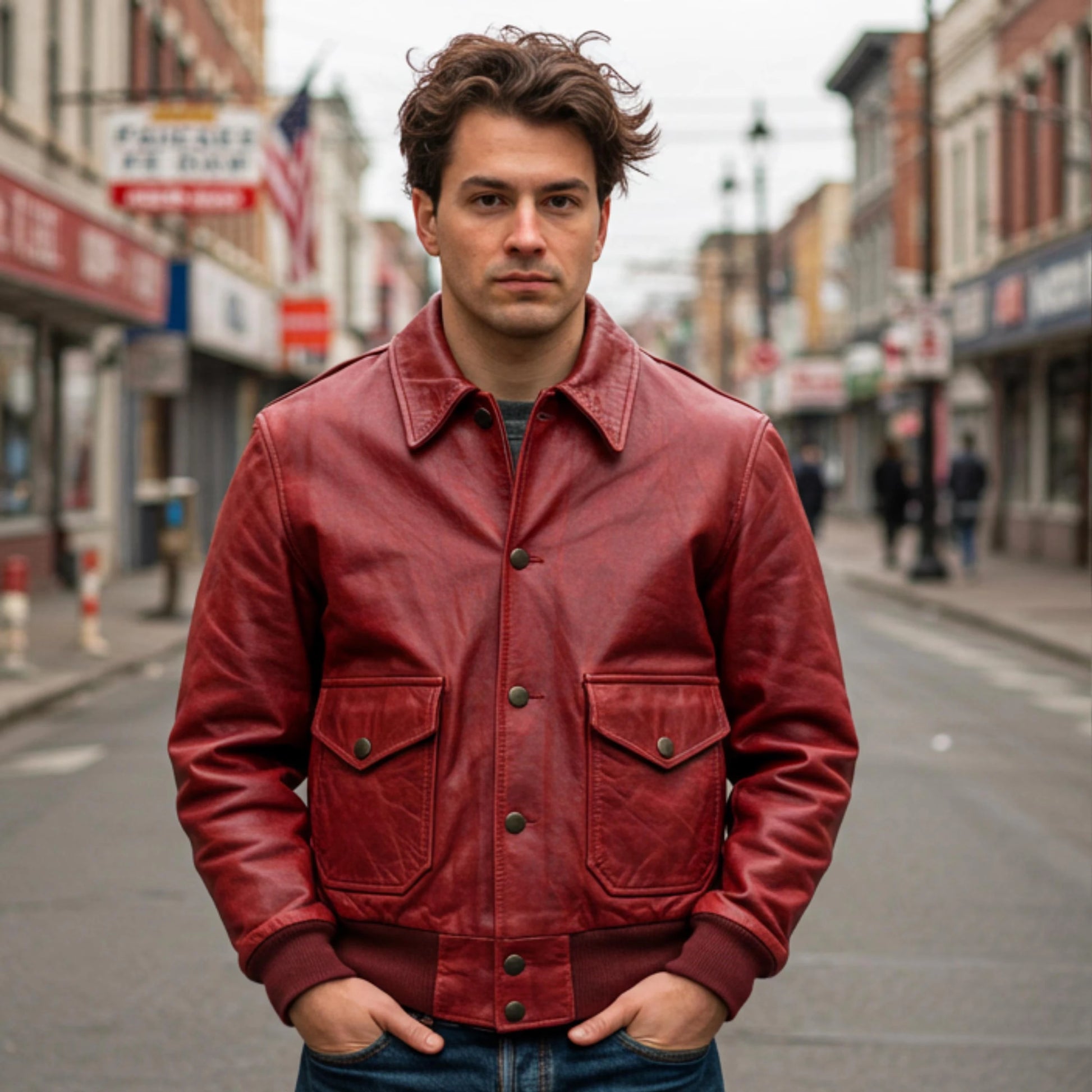 Man wearing a red leather jacket on a city street