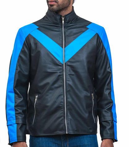 Black jacket with blue accents worn by a person on a white background