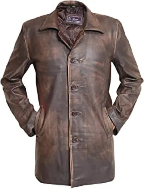 Brown leather coat with a visible brand label on a white background