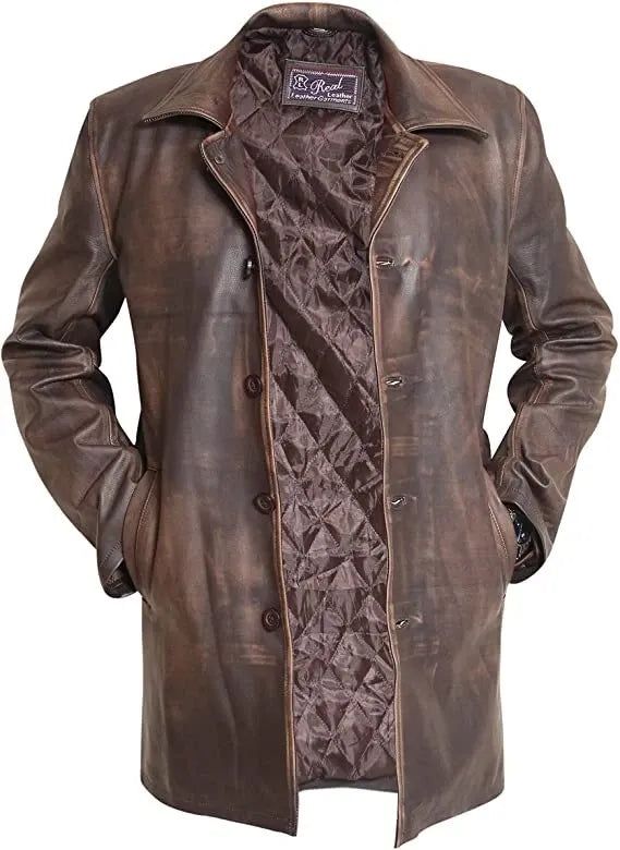 Brown leather coat with intricate patterned lining on a white background