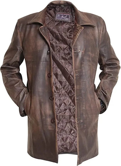 Brown leather coat with intricate patterned lining on a white background