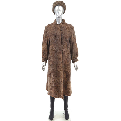 Women's Brown Persian Lamb Fur Coat with Matching Hat.