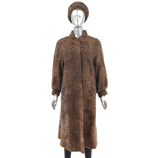 Women's Brown Persian Lamb Fur Coat with Matching Hat.