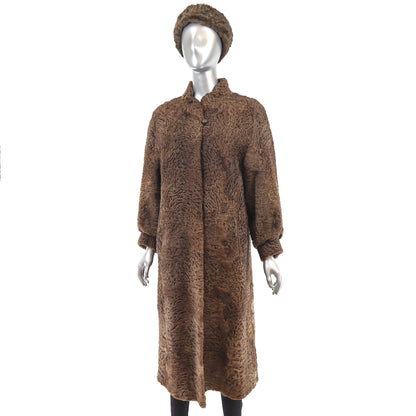 Women's Brown Persian Lamb Fur Coat with Matching Hat.