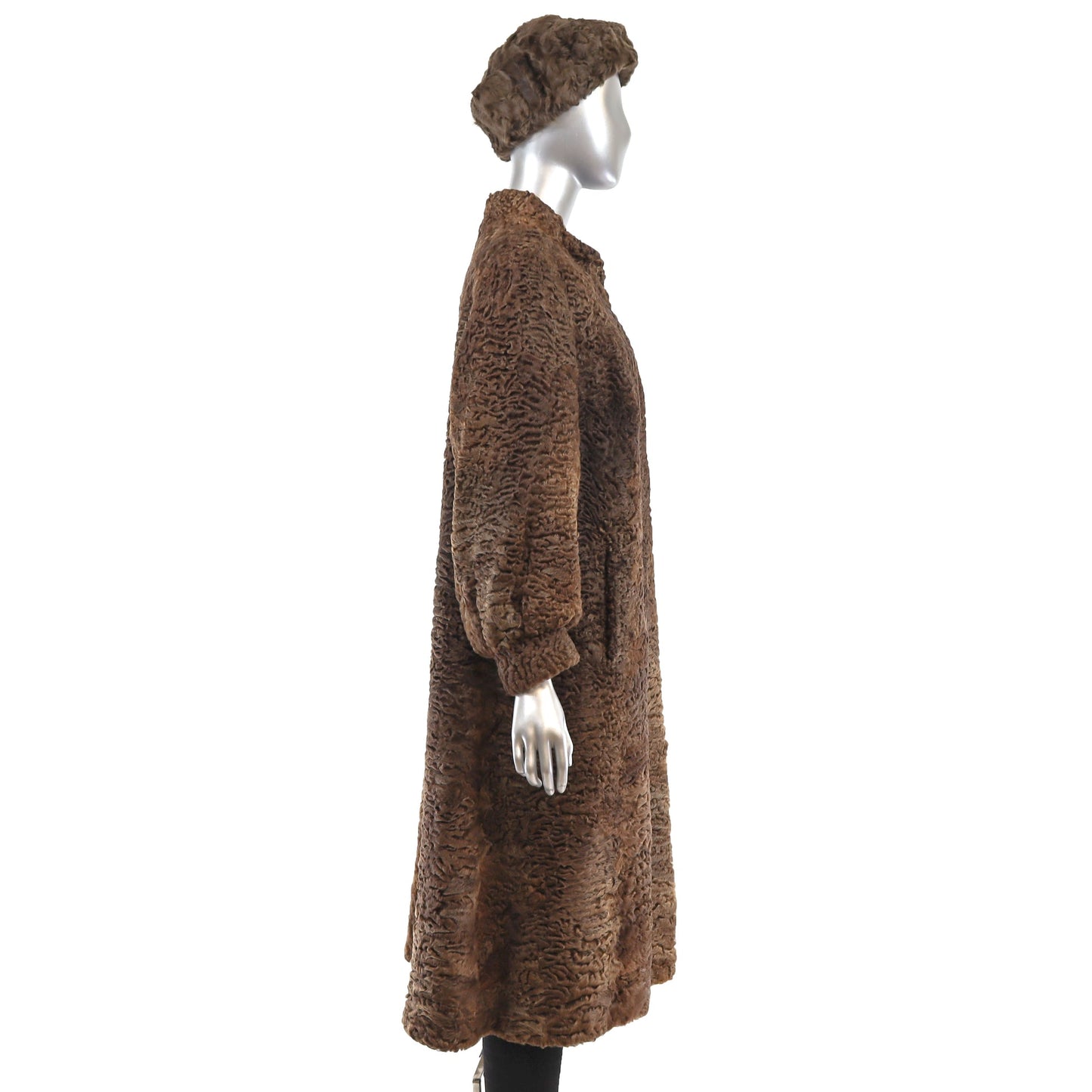 Women's Brown Persian Lamb Fur Coat with Matching Hat.