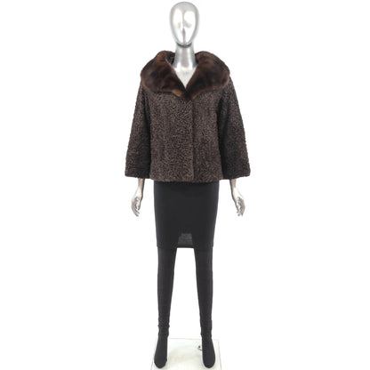 Women's Brown Persian Lamb Fur Jacket with Mink Collar - Premium Outerwear