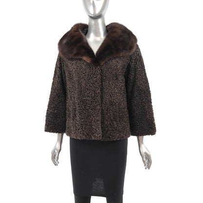 Women's Brown Persian Lamb Fur Jacket with Mink Collar - Premium Outerwear