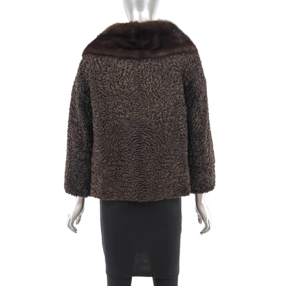 Women's Brown Persian Lamb Fur Jacket with Mink Collar - Premium Outerwear