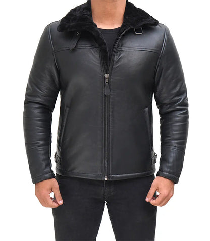 Ryan Black Real Leather Mens Shearling Bomber Jacket