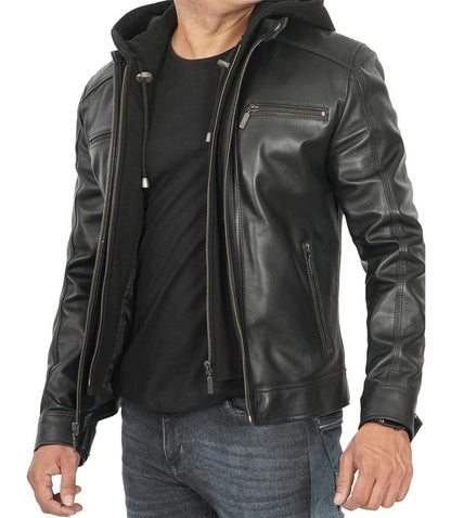 Merrill Men's Black Leather Jacket with Removable Hoodie