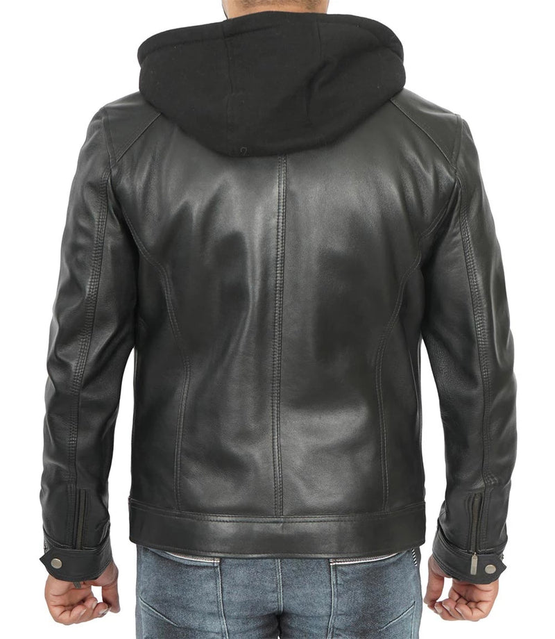 Merrill Men's Black Leather Jacket with Removable Hoodie