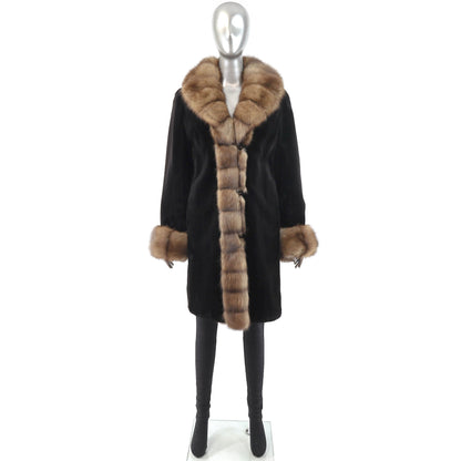 Women's Sheared Mink Fur Coat - Sable Tuxedo & Cuffs