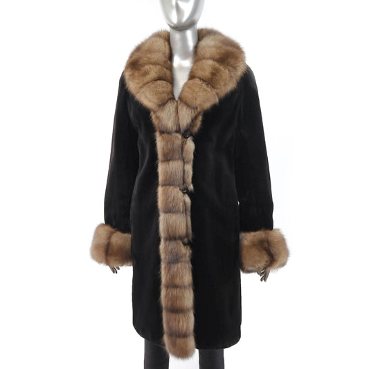 Women's Sheared Mink Fur Coat - Sable Tuxedo & Cuffs