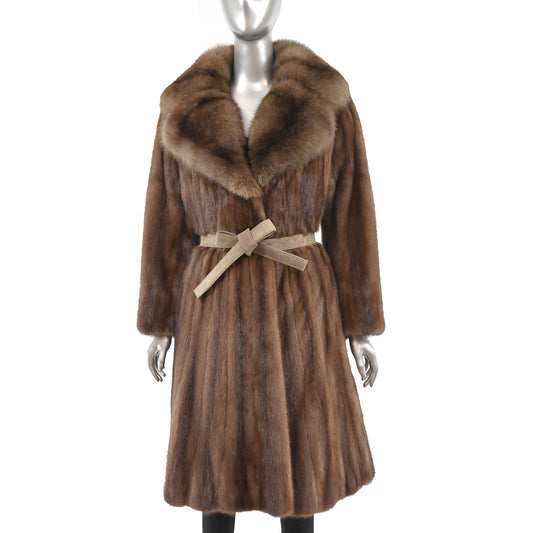 Women's Brown Mink Fur Coat with Sable Collar - Luxury Fur Outerwear