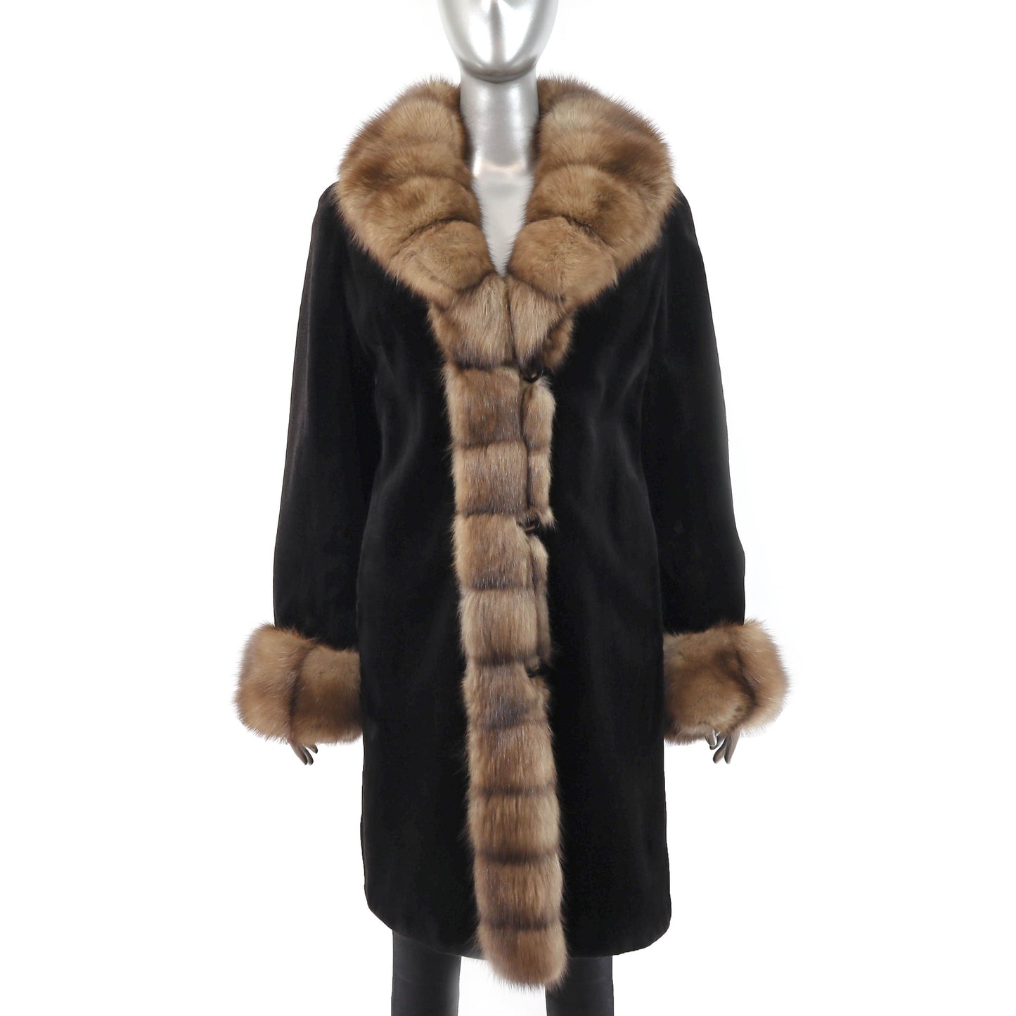 Women's Sheared Mink Fur Coat - Sable Tuxedo & Cuffs