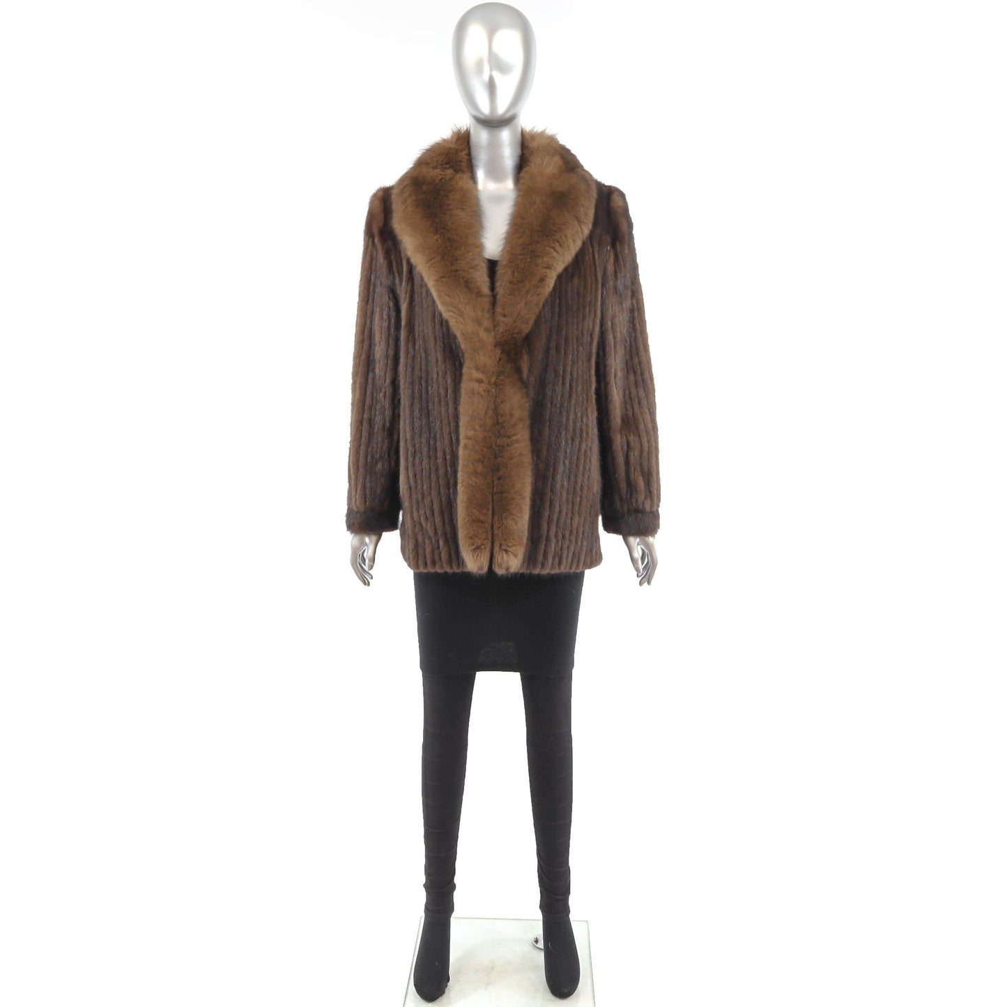 Women's Brown Corded Mink Fur Jacket - Fox Tuxedo Trim