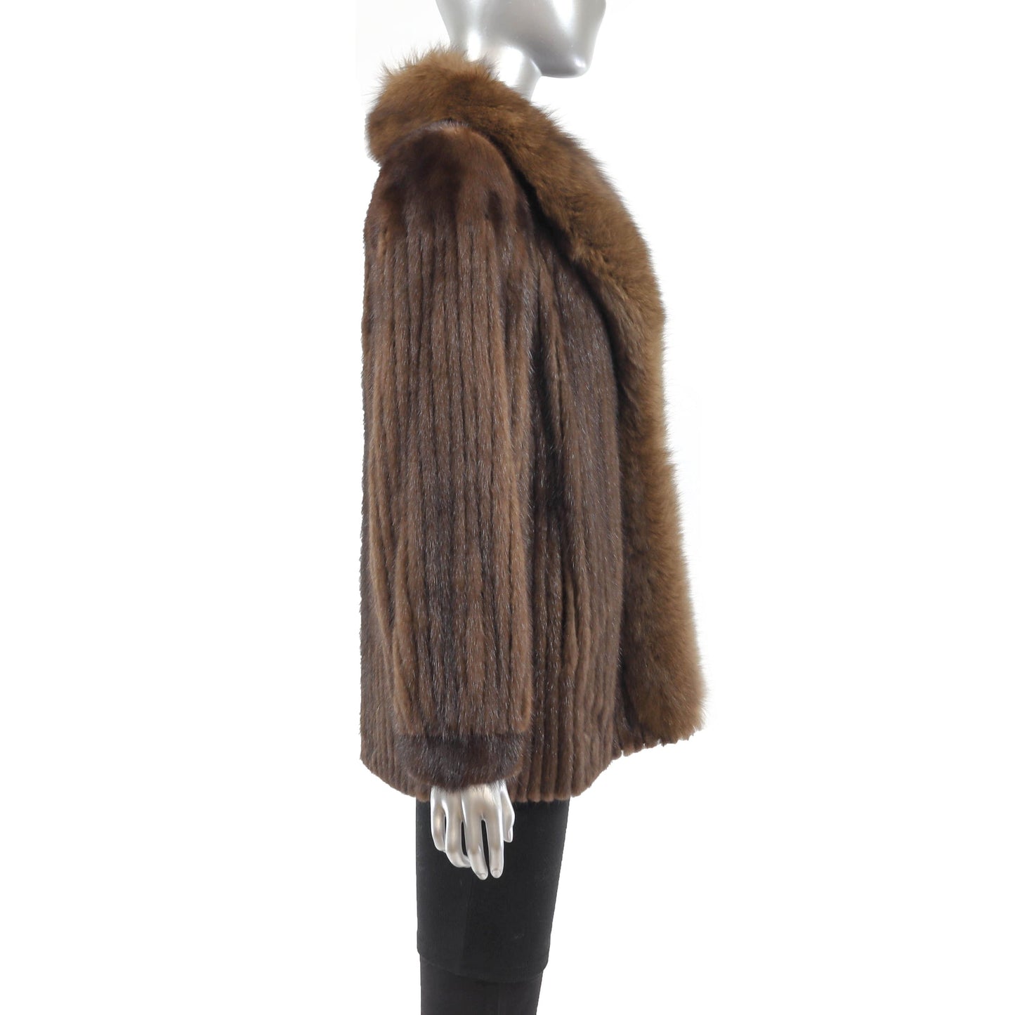 Women's Brown Corded Mink Fur Jacket - Fox Tuxedo Trim