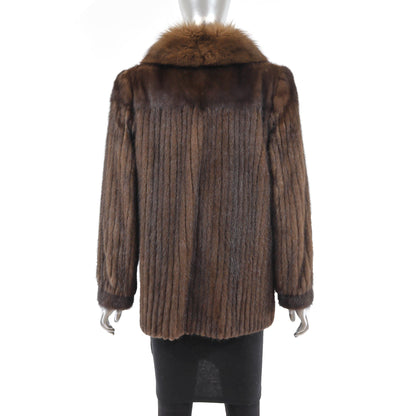 Women's Brown Corded Mink Fur Jacket - Fox Tuxedo Trim