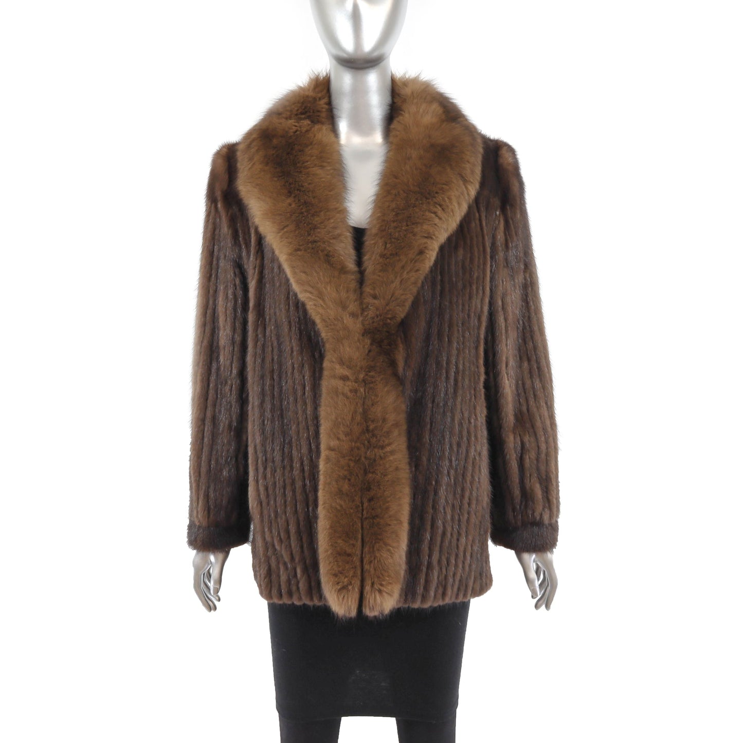 Women's Brown Corded Mink Fur Jacket - Fox Tuxedo Trim