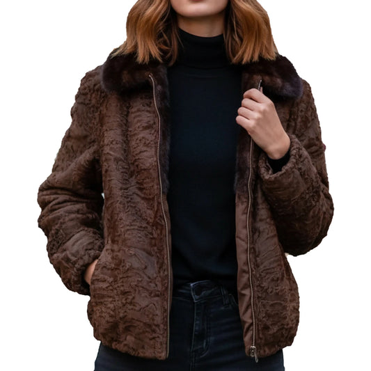 Brown fur coat with fur collar worn by a person on a white background