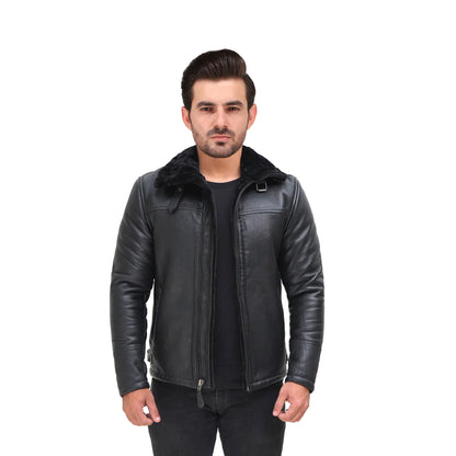 Ryan Black Real Leather Mens Shearling Bomber Jacket