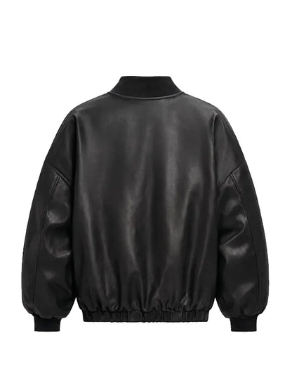 oversized black vegan leather bomber jacket
